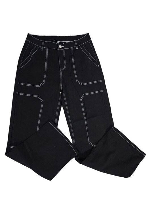 Unbranded Pants - Black Wide-Leg Pants White Contrast Stitching High Rise Pockets Unbranded Size L